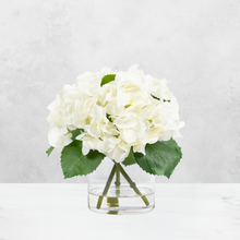 Load image into Gallery viewer, Faux hydrangea centerpiece arrangement in glass vase Vivian Rose Shop