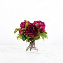 Load image into Gallery viewer, Real touch peony arrangement in glass vase - 10"