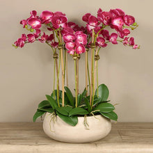 Load image into Gallery viewer, Artificial pink orchid centerpiece arrangement in beige planter Vivian Rose Shop