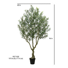 Load image into Gallery viewer, Artificial olive tree with dimensions on a white background