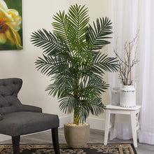 Load image into Gallery viewer, 5’ Golden Cane Artificial Palm Tree in Sandstone Planter Nearly Natural