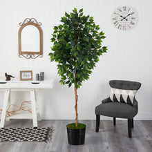 Load image into Gallery viewer, 74” Ficus Artificial tree in Black Tin Planter Nearly Natural