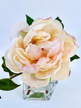 Load image into Gallery viewer, faux peony arrangement in glass vase faux floral arrangement small silk flower arrangement silk peony flower light pink blush pink peonies, Peony Flower Arrangement in Glass Vase