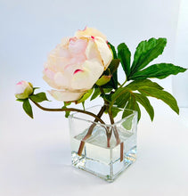 Load image into Gallery viewer, small silk flower arrangement light pink peony blush pink peonies faux flower arrangement in glass vase small peony arrangement luxury home decor nightsand decor bathroom decor, Peony Flower Arrangement in Glass Vase