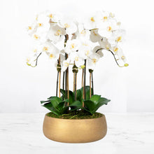 Load image into Gallery viewer, Faux Orchid Arrangement In Matte Gold Planter Vivian Rose Shop