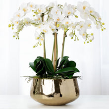Load image into Gallery viewer, luxury faux floral arrangement in gold pot - silk orchid centerpiece white orchids in gold vase