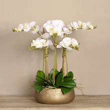 Load image into Gallery viewer, white orchid arrangement in gold planter_floral arrangement centerpiece white faux orchids for luxury home decor