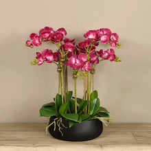Load image into Gallery viewer, pink orchid centerpiece arrangement_faux orchids_pink orchids in black pot