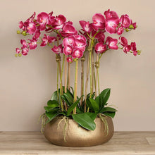 Load image into Gallery viewer, Faux floral arrangement - pink orchid centerpiece in gold pot