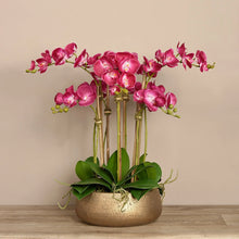 Load image into Gallery viewer, artificial flower arrangement - pink orchid centerpiece in gold pot - vivian rose shop