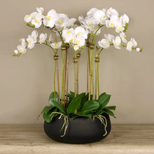 Load image into Gallery viewer, Faux white orchid arrangement in matte black planter_large orchids centerpiece