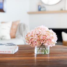 Load image into Gallery viewer, Pink hydrangeas arrangement in glass vase - silk flower arrangement