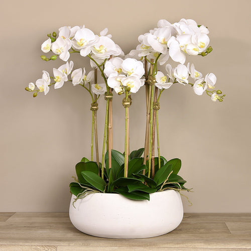 faux flower arrangement, silk orchid centerpiece in white ceramic planter