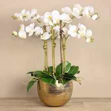 Load image into Gallery viewer, silk orchid arrangement in gold vase_orchid centerpiece arrangement_white orchids in gold pot_large orchid arrangement