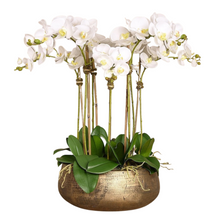 Load image into Gallery viewer, white orchid arrangement in gold pot floral centerpiece arrangement for dining room table faux orchids for luxury home decor