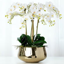 Load image into Gallery viewer, faux orchid centerpiece arrangement for luxury home decor, dining table centerpiece, faux white orchid arrangement