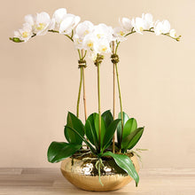 Load image into Gallery viewer, white silk orchid arrangement in gold vase - Silk orchid arrangement in gold vase - 25"