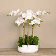 Load image into Gallery viewer, large faux floral orchid arrangement in white vase