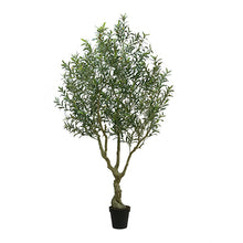 Load image into Gallery viewer, An artificial olive tree with green leaves and a twisted trunk, potted in a black plastic pot, shown against a plain white background.
