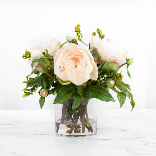 Faux peony arrangement in glass vase - 10