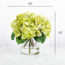 Load image into Gallery viewer, Silk hydrangea centerpiece arrangement in glass vase
