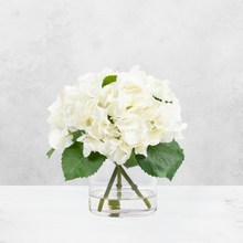 Load image into Gallery viewer, Faux hydrangea centerpiece arrangement in glass vase
