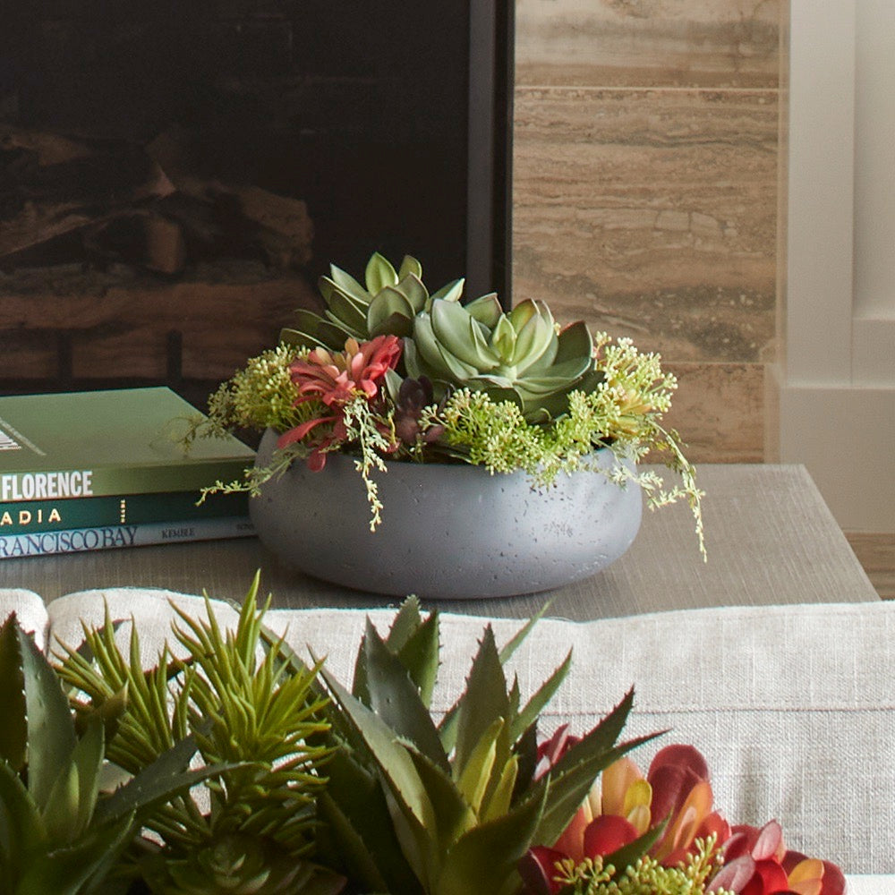 fake succulent bowl Round Succulent Arrangement – Gray Planter