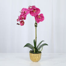 Load image into Gallery viewer, Faux pink orchid in shiny gold vase – luxury faux floral arrangement

