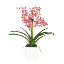 Load image into Gallery viewer, Artificial pink Vanda orchids in modern white square vase – handcrafted faux floral | Vivian Rose Shop
