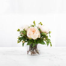 Load image into Gallery viewer, Faux peony arrangement in glass vase - 10&quot;
