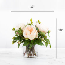 Load image into Gallery viewer, Faux peony arrangement in glass vase - 10&quot;
