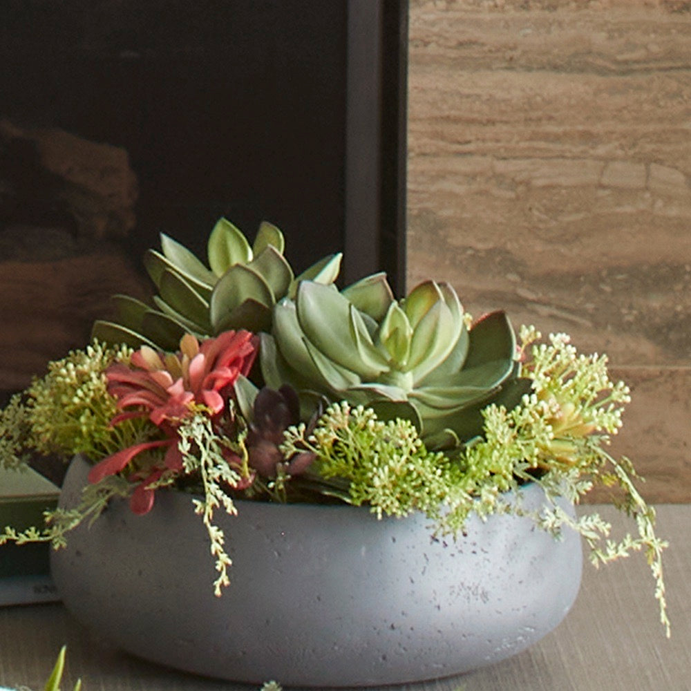 large artificial succulents Round Succulent Arrangement – Gray Planter