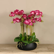 Load image into Gallery viewer, pink orchid centerpiece arrangement_faux orchids_pink orchids in black pot
