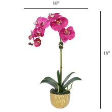 Load image into Gallery viewer, Realistic pink orchid plant in gold vase – maintenance-free home decor

