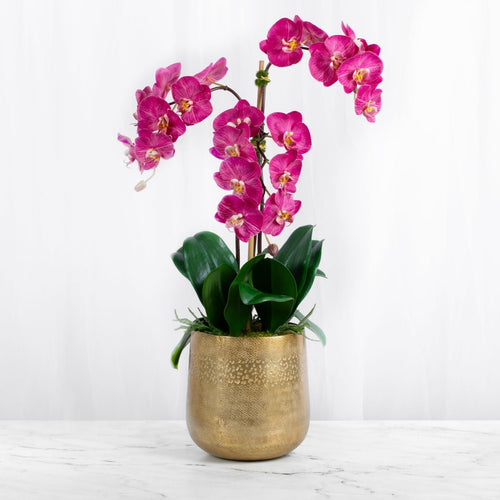 Artificial Orchid Arrangement, Tall Orchid Centerpiece in Gold Vase