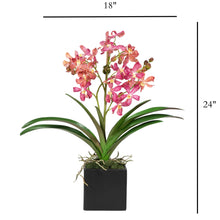 Load image into Gallery viewer, Whimsical pink orchid arrangement in black vase – silk Vanda orchids | Vivian Rose Shop
