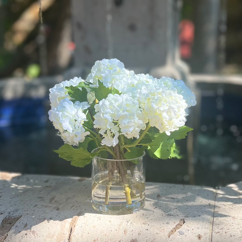 white hydrangea arrangement in vase
