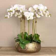 Load image into Gallery viewer, large orchid arrangement centerpiece in stunning gold ceramic planter table centerpiece white faux orchids
