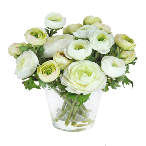 Faux ranunculus in glass vase, white silk ranunculus - 10'' - silk flower arrangement