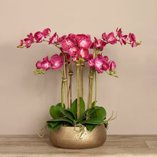 Load image into Gallery viewer, artificial flower arrangement - pink orchid centerpiece in gold pot - vivian rose shop
