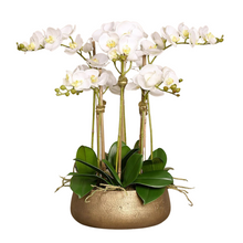 Load image into Gallery viewer, white centerpiece arrangement for luxury home decor, white silk flower arrangement in gold vase, faux orchid centerpiece
