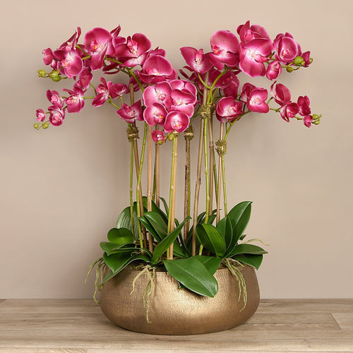 Faux floral arrangement - pink orchid centerpiece in gold pot