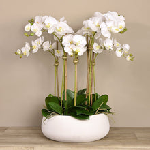 Load image into Gallery viewer, faux flower arrangement, silk orchid centerpiece in white ceramic planter
