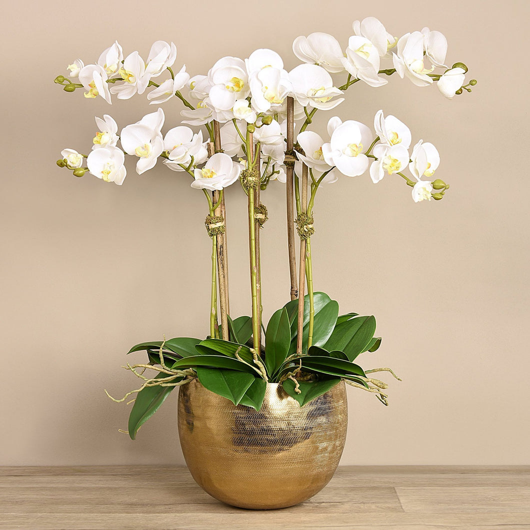 silk orchid arrangement in gold vase_orchid centerpiece arrangement_white orchids in gold pot_large orchid arrangement