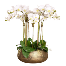 Load image into Gallery viewer, white orchid arrangement in gold pot floral centerpiece arrangement for dining room table faux orchids for luxury home decor
