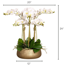 Load image into Gallery viewer, tall white centerpiece arrangement, silk flower arrangement in gold vase, white centerpiece arrangement

