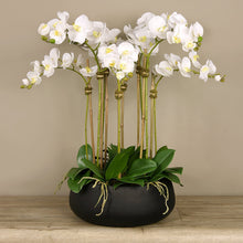 Load image into Gallery viewer, Faux white orchid arrangement in matte black planter_large orchids centerpiece
